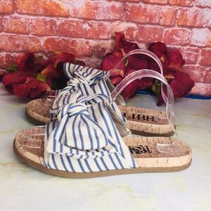 Sam & Libby Striped Blue and White Bow Embellished Slide Sandals